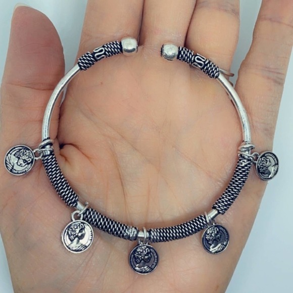 Handcrafted Coin Charm Bracelet | Adjustable Tibetan Silver Boho Bangle - Picture 10 of 15
